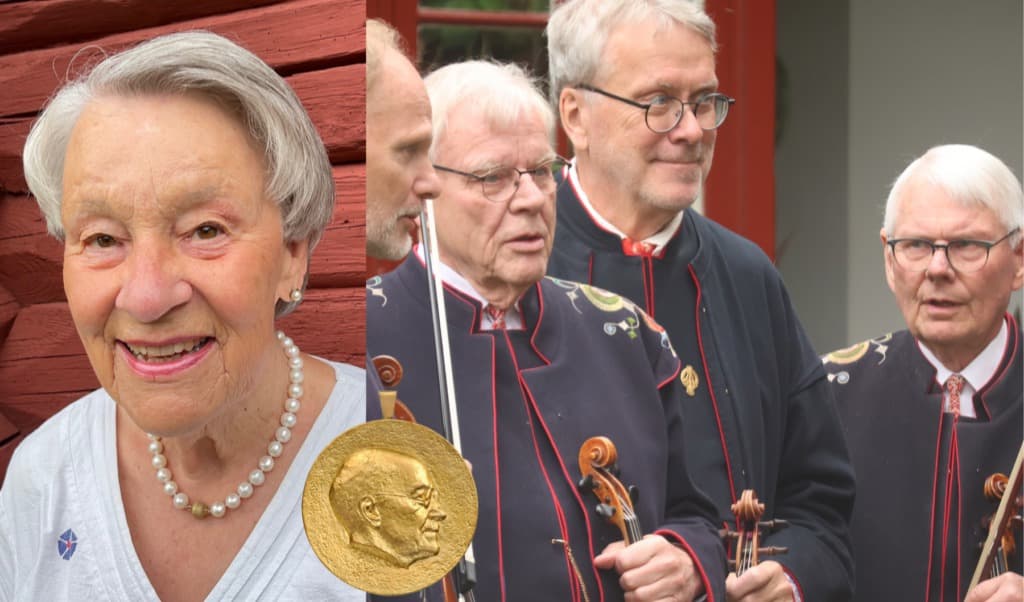 Årets minnesmedaljer över Hugo Alfvén tilldelades Anita Soldh, Kungs Levi Nilsson och Alm Nils Ersson för deras engagemang för att tillgängliggöra Alfvéns kulturarv. Foto: Per Forsström (Anita Soldh), Lova Wallerö (spelmännen)