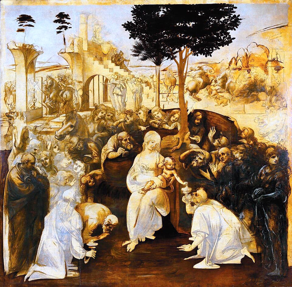 Leonardo da Vincis (1452–1519) målning ”Konungarnas tillbedjan” har en väsentlig roll i ”Offret”. foto: Wikimedia Commons