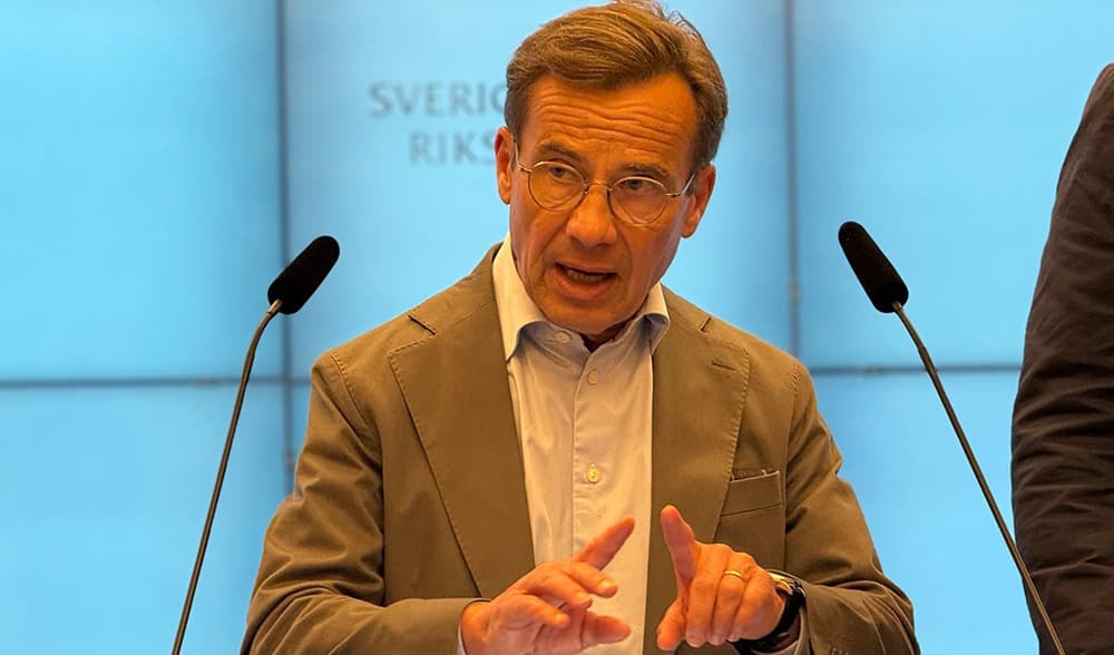 Statsminster Ulf Kristersson (M) berättar om Moderaternas satsning för att stärka kvinnors trygghet och frihet. Foto: Staffan Erfors