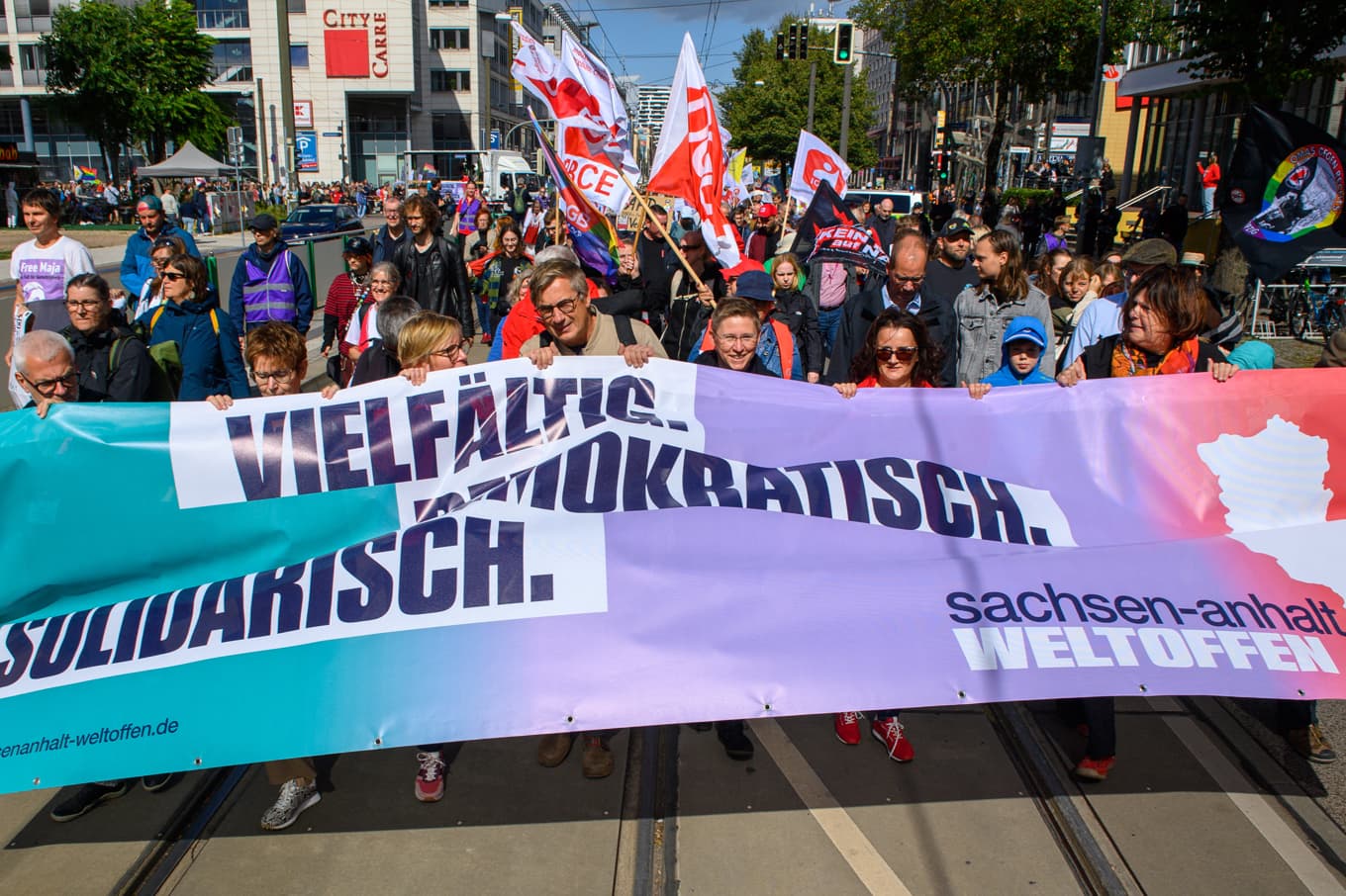 Demonstrationen i Magdeburg på lördagen. Foto: Klaus-Dietmar Gabbert/AP/TT