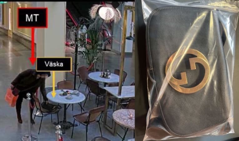 Övervakningskameror i Sturegallerian fångade när kvinnan plockade upp den kvarglömda Gucci-väskan från en stol vid ett café. Väskan, som är värd 15 000 kronor, lämnades inte in till polisen förrän fyra månader senare. Foto: Polisen