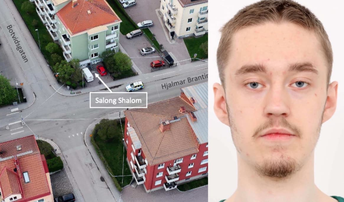 Brottsplatsen i Uppsala och den 22-årige skytten Fredric Gülich Brendling, som nu fått sin livstidsdom fastställd av Svea hovrätt. Foto: Polisen