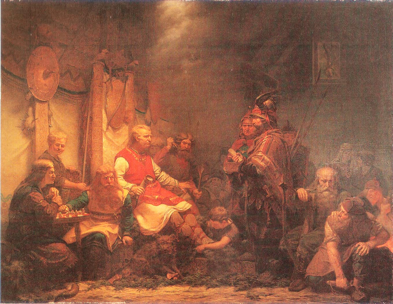 Ragnar Lodbroks söner tar emot kung Ællas sändebud. Målning från 1857 av August Malmström, i Norrköpings konstmuseums samling. Foto: Norrköpings konstmuseum/Wikimedia Commons Foto: lorem