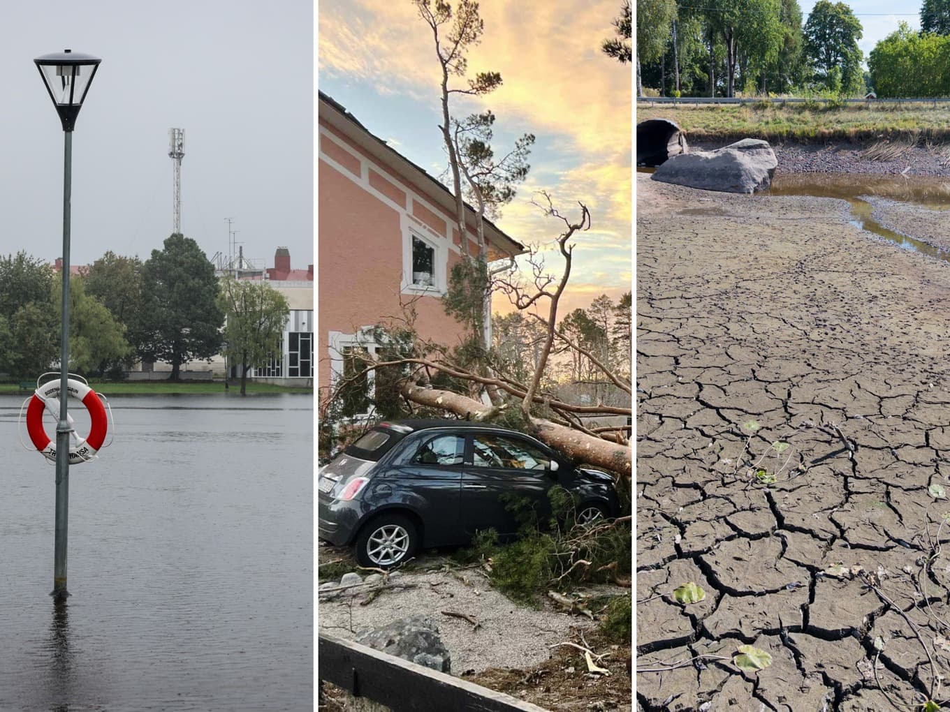 Översvämning, storm och torka är alla hot mot samhället. Arkivbilder Foto: Pär Bäckström/Mikaela Stoor/Fredrik Sandberg/TT