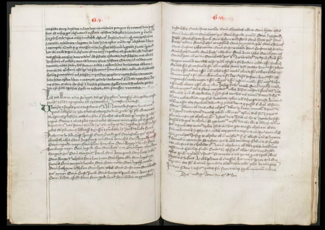 Avlatsbrevet utfärdat av det påvliga sändebudet 1462, vilket nämner Margareta, hennes medsystrar och bröder samt klostrets dåvarande abbedissa Ingeborg. Foto: Svenskt diplomatariums huvudkartotek/Riksarkivet