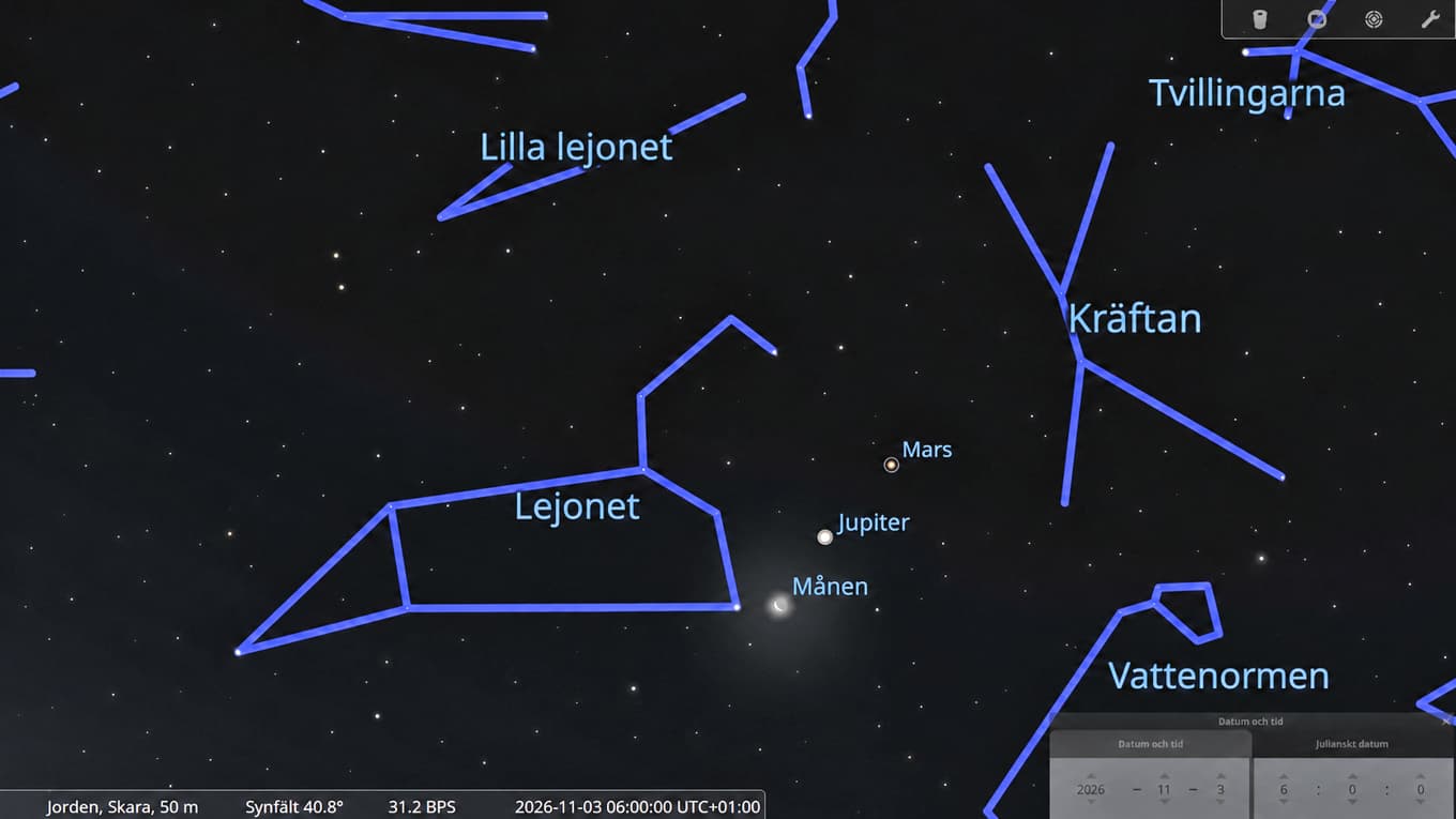 Vy högt uppe i sydsydost, kl. 06.00 den 3 november. Foto: Stellarium