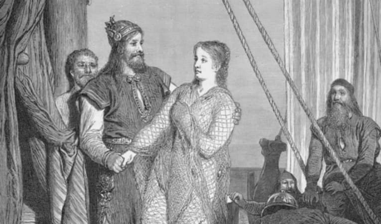 Ragnar Lodbrok får Kraka, eller Aslög, till hustru. Tryck efter målning av August Malmström och illustration i ”Sagan om Ragnar Lodbrok och hans söner” anno 1880. Foto: Wikimedia Commons
