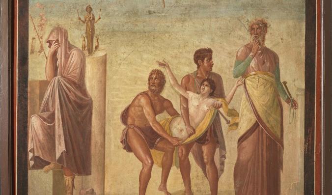 Väggmålning med Ifigenia som offrades. Fresk från Pompeji runt 62 e Kr. Casa del Poeta Tragico Museo Archeologico Nazionale di Napoli. Foto: Museo Archeologico Nazionale di Napoli / Ministero dei Beni e delle Attività Culturali e del Turismo