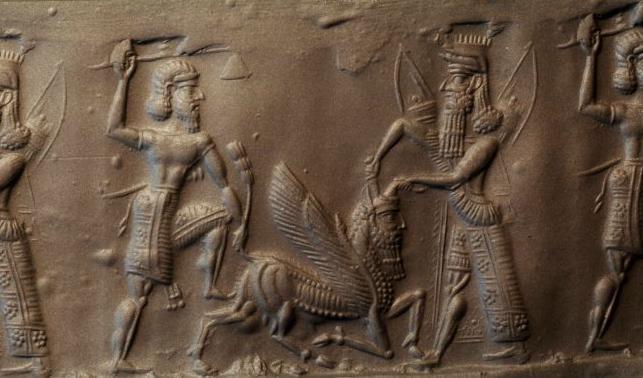 


Gilgamesh och Enkidu dödar den himmelska tjuren. Cylinder seal impression. MS 1989, Schøyensamlingen, Norge. Foto: Andrew George                                                                                                                                    