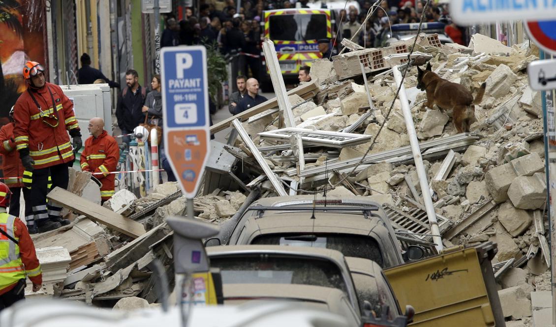 Hundar söker efter överlevande i rasmassorna efter de kollapsade byggnaderna i Marseille i södra Frankrike. Foto: Claude Paris/AP/TT