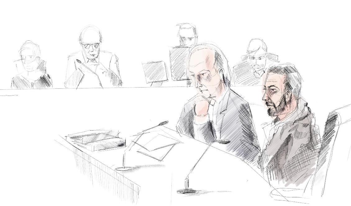 

Teckning av försvarsadvokat Johan Eriksson och den åtalade i rättegången. Foto: Johan Hallnäs/TT                                                                                                