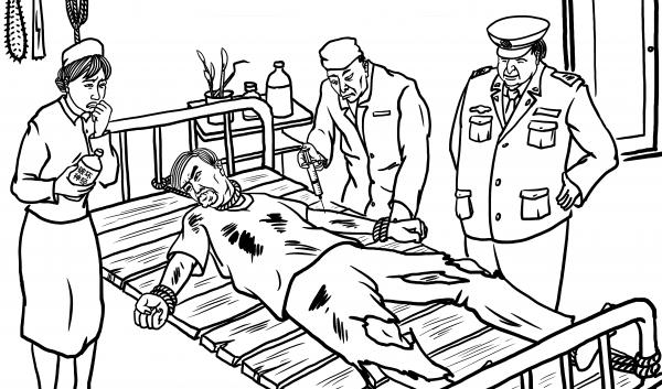 Illustration av samvetsfånge som tvångsinjeceras med psykiatriska läkemedel. Psykiatriska övergrepp är en vanlig förföljelsemetod i Kina, särskilt mot Falun Gong-utövare. (minghui.org)