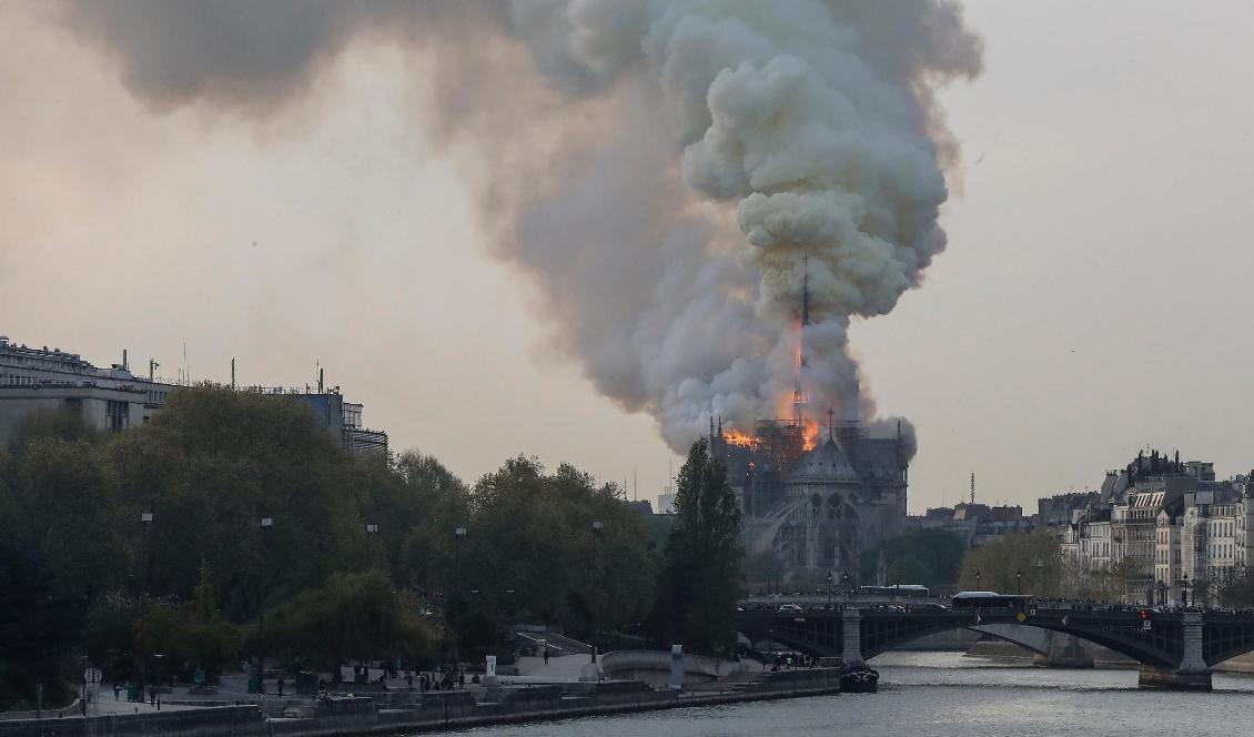 Rök stiger från medeltidskatedralen Notre-Dame i Paris. Foto: Francois Guillot/AP/TT