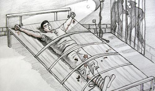 

Illustration av ett offer som är fängslad med handklovar i en säng i ljuset av en lampa som alltid är tänd. Bild: Minghui.org                                                                                                