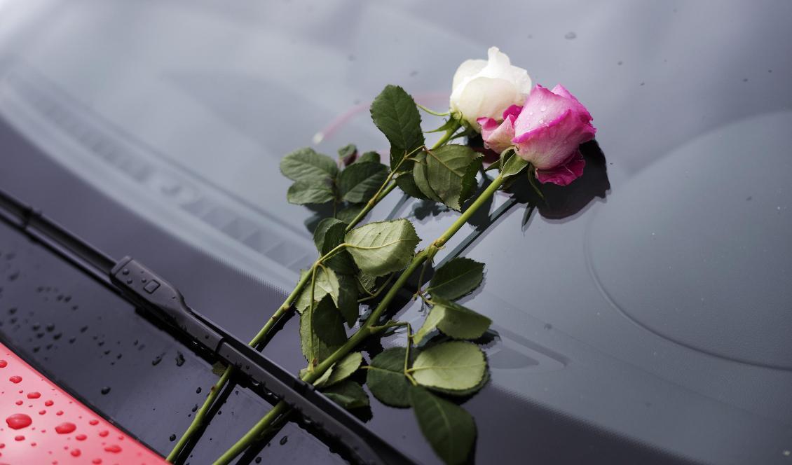 Blommor på vindrutan på en bil vid Umeå Fallskärmsklubb, på Umeå flygplats, dagen efter flygolyckan. Foto: Erik Abel/TT