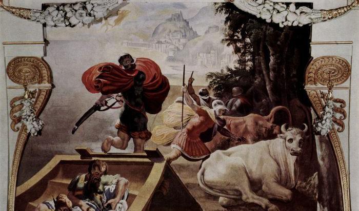 





“The Companions of Odysseus Steal the Cattle of Helios,” 1554/56 Pellegrino Tibaldi. Fresk, Palazzo Poggi Museum.                                                                                                                                                                                                                                                                                                