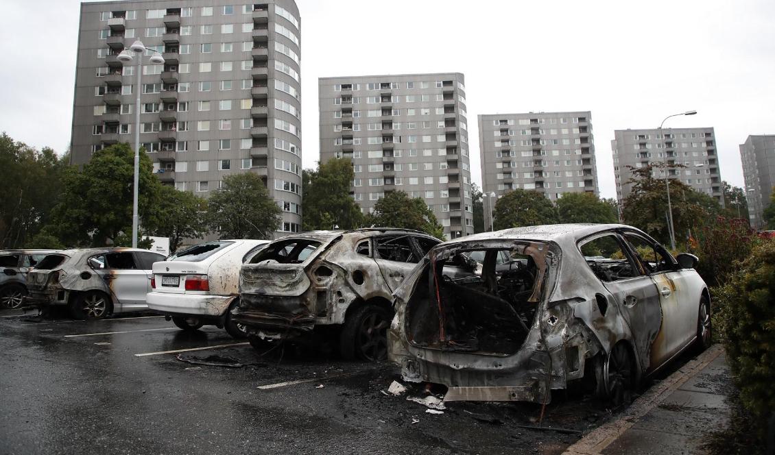 Utbrunna bilar på parkeringen vid Frölunda torg, dagen efter bränderna den 13 augusti 2018. Foto: Adam Ihse/TT