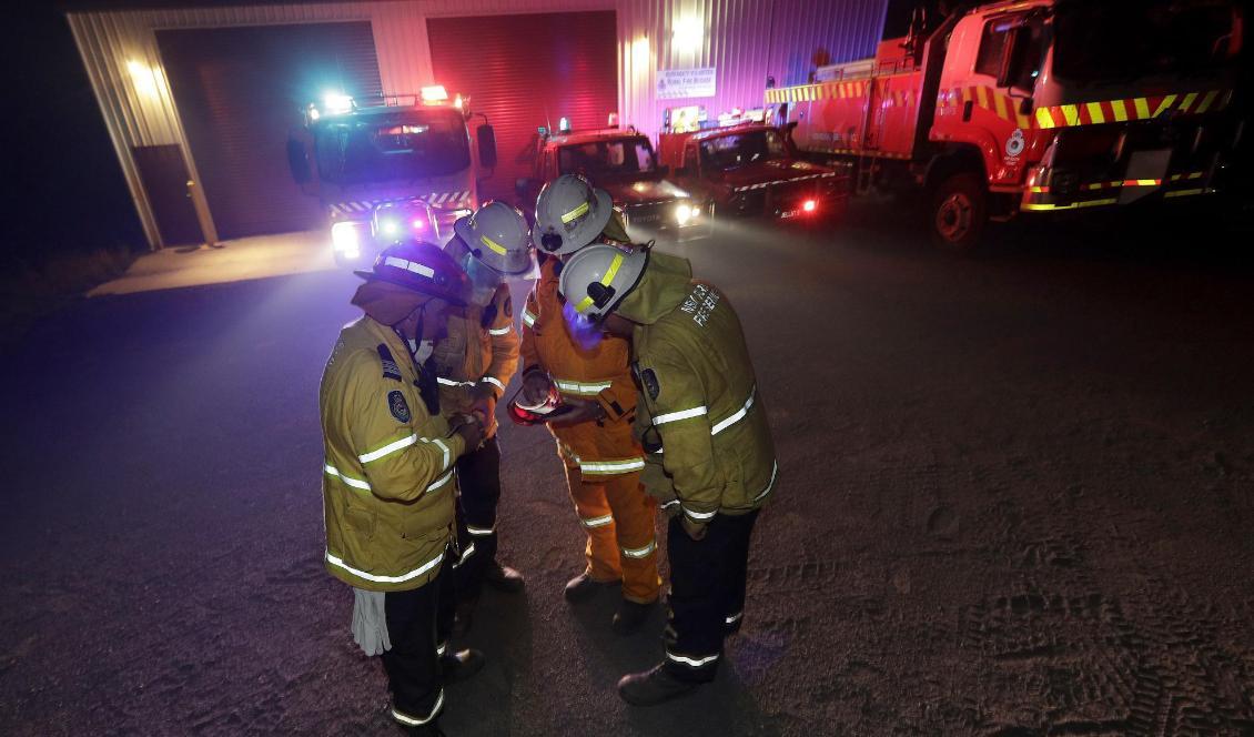 Brandmän utanför Burragate i New South Wales planerar släckningsarbetet i Egan Peaks naturreservat natten mot lördag. Foto: Rick Rycroft/AP/TT