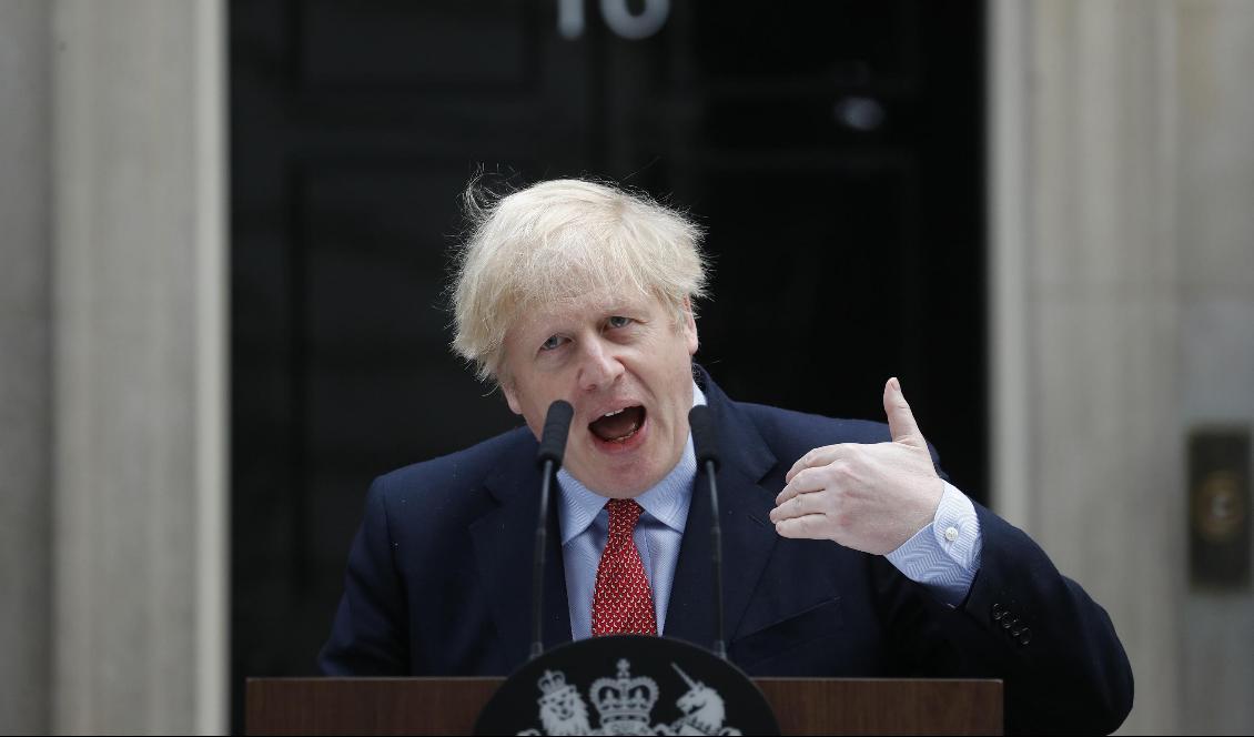 Storbritanniens premiärminister Boris Johnson vid sitt första officiella tal efter att ha tillfrisknat från coronaviruset. Foto: Frank Augstein/AP/TT