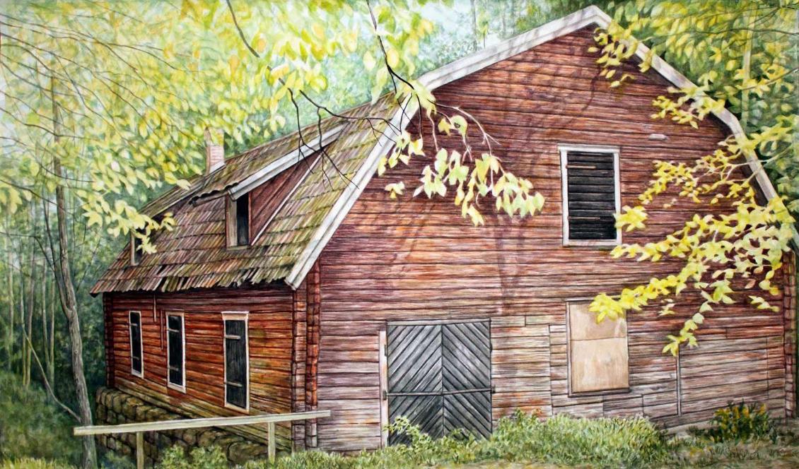 Akvarell: "KVARNBOLUND" av Tage Åsén. Beskuren.