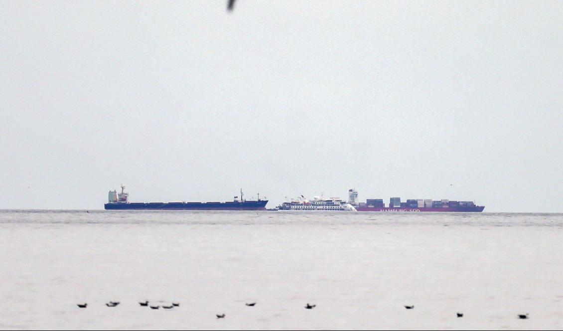 
Ett australiskt kryssningsfartyg ligger för ankar omgivet av två lastfartyg utanför hamnen i Montevideo, Uruguay. Tiotusentals sjömän är fast till havs på grund av coronapandemin. Foto: Matilde Campodonico/AP/TT                                                