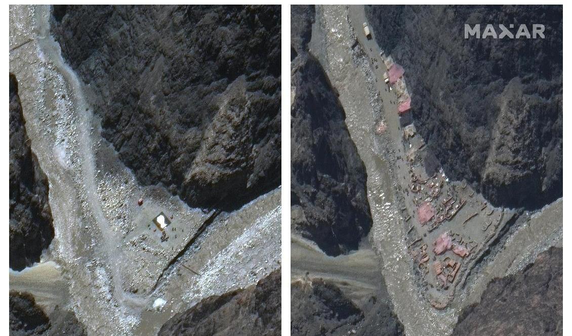 Satellitbilder som enligt företaget Maxar Technologies visar flodfåran i den omstridda Galwandalen den 22 maj (bilden till vänster) och den 23 juni, då kinesisk militär förstärkt sin närvaro i dalen. Foto: Maxar Technologies/AP/TT
