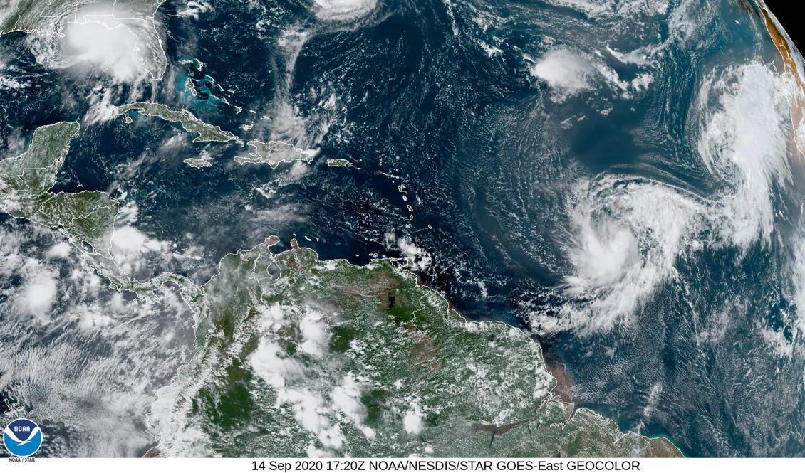 Satellitbild över de fem tropiska ovädren i Atlanten just nu: Sally i Mexikanska golfen, Paulette vid Bermuda samt de tre oväder som fått namnen Rene, Teddy och Vicky. Foto: NOAA/AP/TT