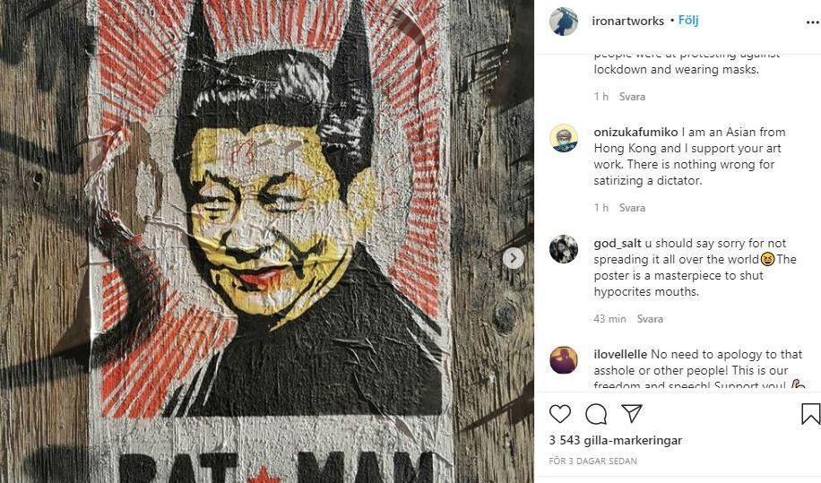




Konstnären "Iron" ligger bakom konstverket, föreställande Xi Jinping med fladdermusöron, som tills nyligen fanns på Restaurang Riche i Stockholm. Foto: Skärmavbild/Instagram                                                                                                                                                                                                                            