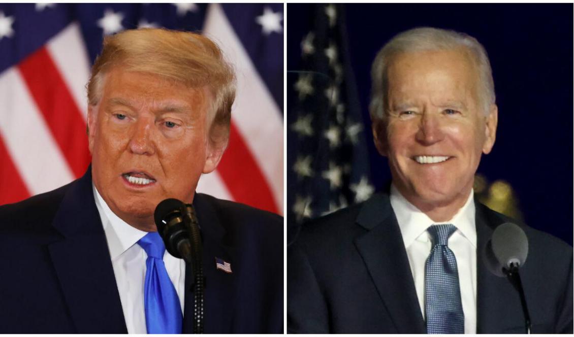 President Donald Trump (vä) talar under valnatten i Vita Huset, Washington den 4 november 2020. Foto: Chip Somodevilla/Getty Images. Demokraternas presidentkandidat Joe Biden (hö) talar vid ett drive-in-valmöte i Delaware den 4 november 2020. Foto: Win McNamee/Getty Images