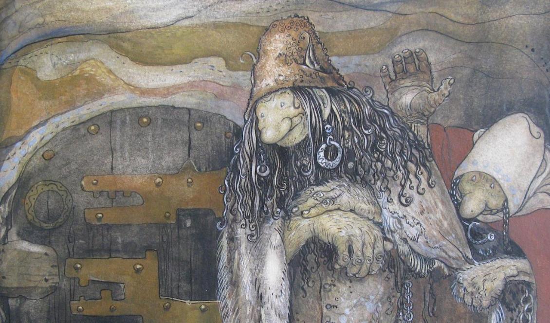 En sådan eländig liten bleknos, akvarell, tusch av John Bauer. Här syns trollens uttryck som godmodiga gestalter till skillnad från Bauers tidiga skildringar. Foto: Bukowskis