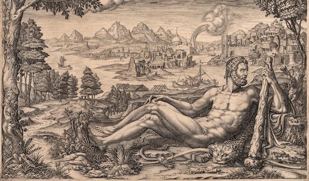Trycket ”Herkules vilar efter sina stordåd” från 1567 finns nu att se i de digitaliserade arkiven på Göteborgs konstmuseum. Foto: Göteborgs konstmuseum