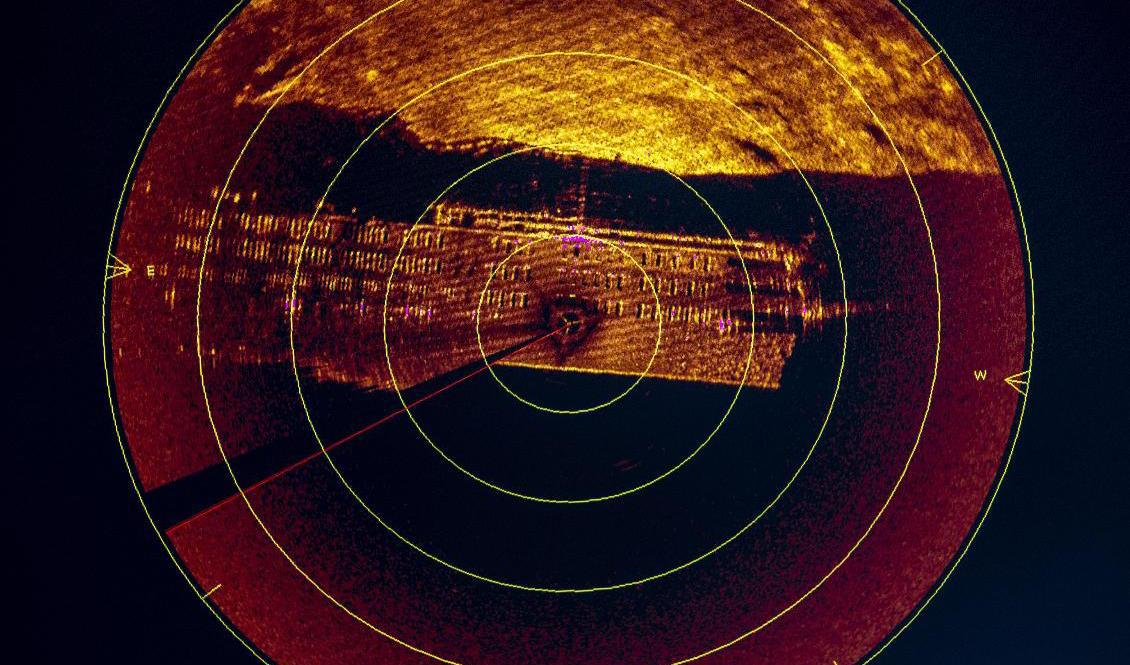 Sonarbild på Estonia som visar fönstren på övre passagerardäcken i aktern av fartyget. Arkivbild. Foto: Stefan Jerrevång/TT