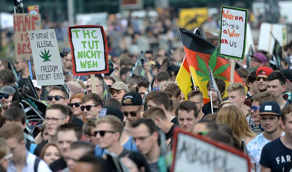"Hanfparade" – hampaparaden – i Berlin, en årlig demonstration för legalisering av cannabis. Arkivbild. Foto: Britta Pedersen/DPA/AP/TT