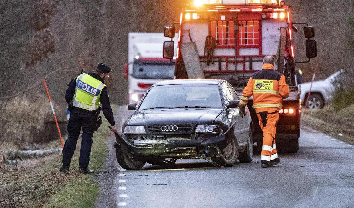 Tre personer har förts till sjukhus efter en olycka utanför Kristianstad där ett träd fallit över vägen. Foto: Johan Nilsson/TT