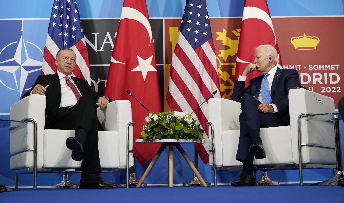 Turkiets president Recep Tayyip Erdogan och USA:s Joe Biden vid ett separat möte under Natotoppmötet i Madrid. Foto: Susan Walsh/AP/TT