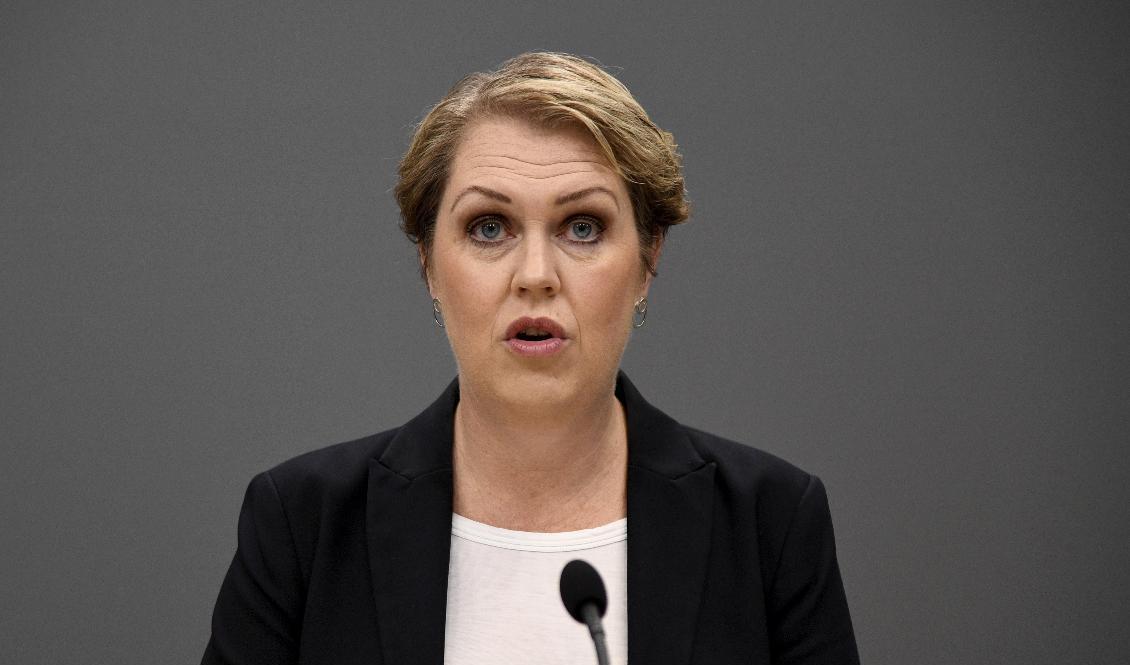 Socialminister Lena Hallengren (S) vid dagens pressträff. Foto: Lars Schröder/TT