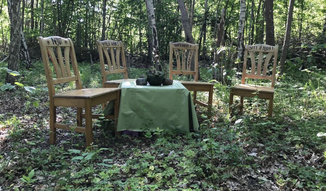 På en ödetomt bredvid mitt promenadstråk har någon ställt ut stolar med förmaningar om att ta det lugnt. Nyfiken som jag är sätter jag mig ner. Foto: Anton Nilsson