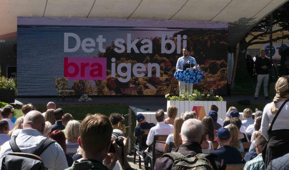 Valrörelsen är inne i sitt slutskede och partiledarna vill synas ute bland väljarna. Här ses Sverigedemokraternas Jimmie Åkesson i Almedalen. Foto: Bilbo Lantto