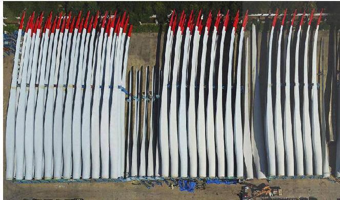 Nytillverkade vindkraftsblad vid en fabrik i Lianyungang i Kinas östra Jiangsuprovins väntar på att tas i bruk. Foto: AFP via Getty Images