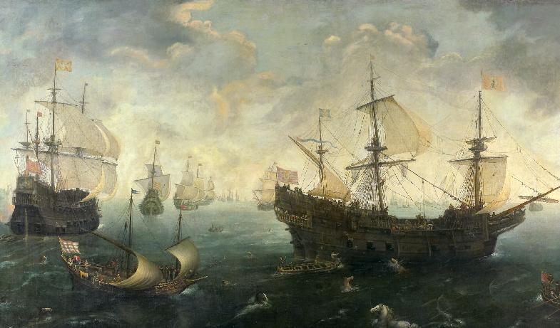 Spanske kungen valde fel tid att invadera England; England; en storm nära nog tillintetgjorde hans fruktade armada. Spanska armadan utanför Englands kust 1588. Cornelis van Wieringen, Riksmuseet Amsterdam. Foto: Public Domain