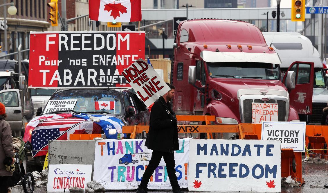 

En demonstrant går förbi parkerade lastbilar vid protester mot covid-19-restriktioner i Ottawas i Kanada den 8 februari 2022. Foto: Dave Chan/AFP via Getty Images                                                                                        