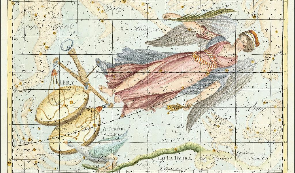 I Miltons dikt representeras Eva av gudinnan Astraea som stiger upp och blir till stjärnbilden Jungfrun. Stjärnbilderna Jungfrun och Vågen på himlavalvet av Johann Elert Bode 1801.Foto: Public Domain