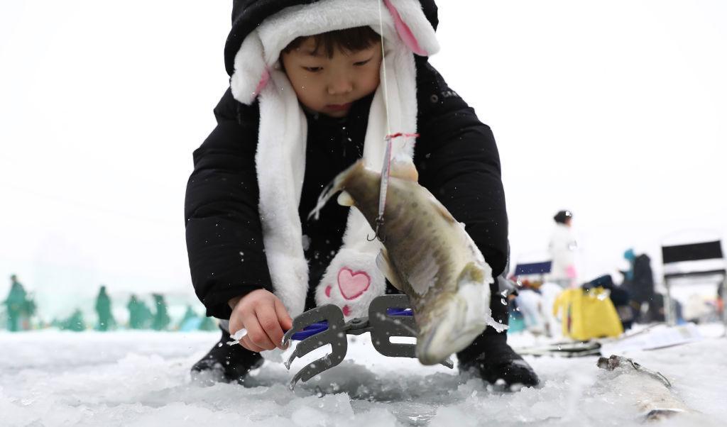 Ett barn deltar i Hwacheon Sancheoneo isfestival den 7 januari i Sydkorea. Det är ett vinterfirande som drar till sig nästan en miljon besökare varje år. Stora fisketävlingar hålls och fångsten kan direkt grillas och avsmakas i matområdet. Foto: Chung Sung-Jun/Getty Images