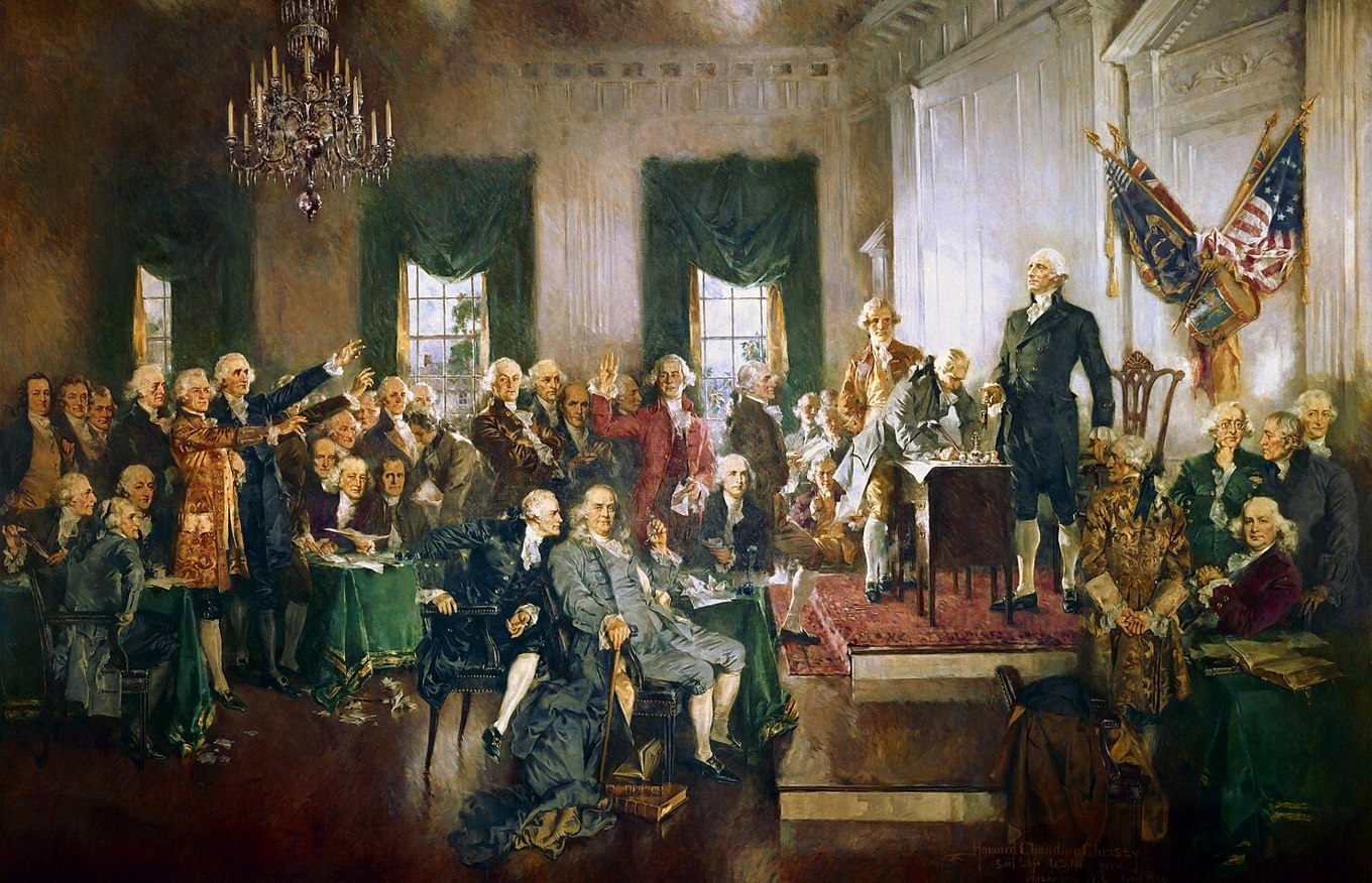 Målningen ”Scene at the Signing of the Constitution of the United States”, av Howard Chandler Christy, föreställer det konstitutionella konventet som undertecknade den amerikanska konstitutionen i Independence Hall i Philadelphia den 17 september 1787. Foto: Public Domain