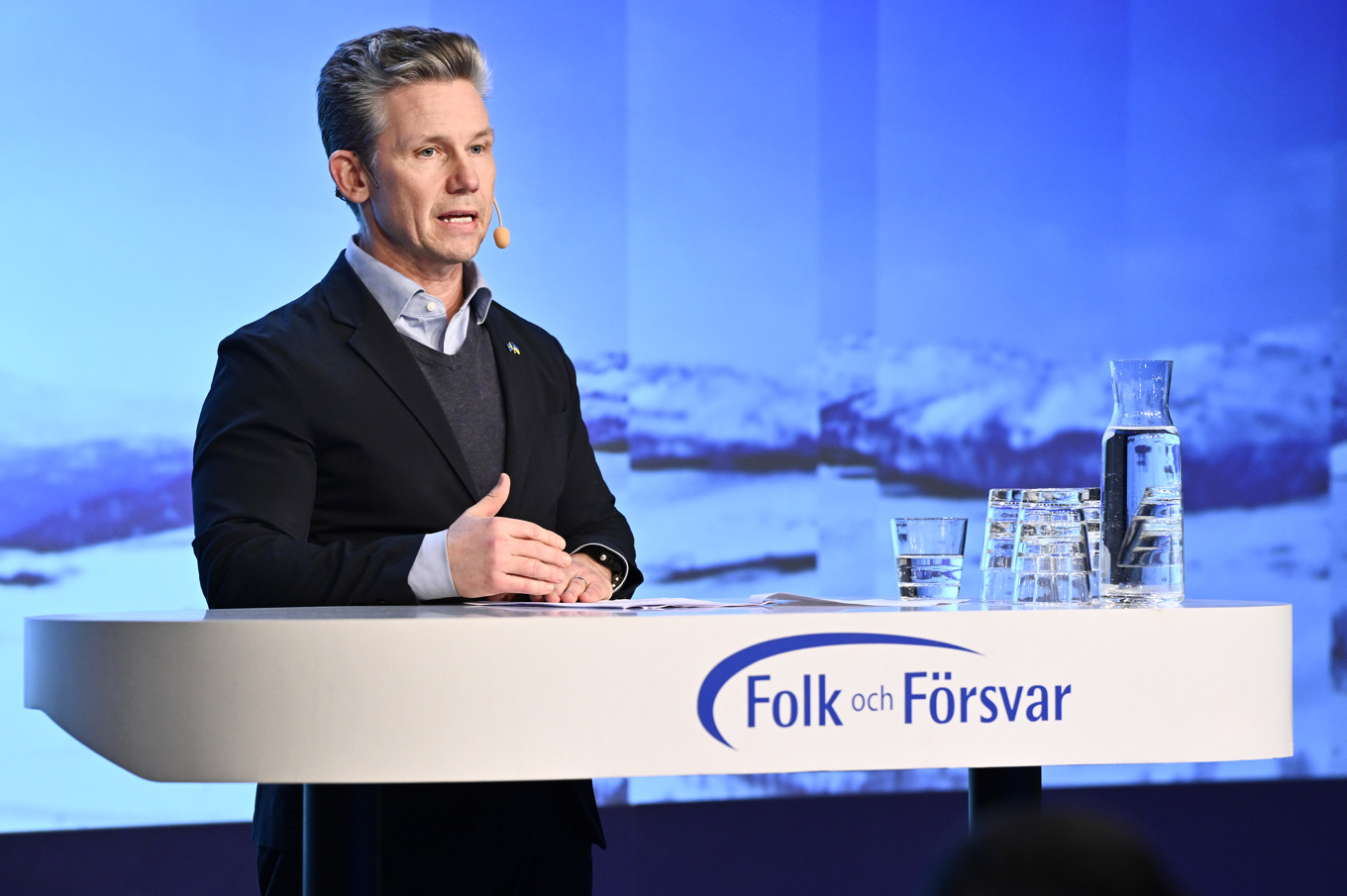 Försvarsminister Pål Jonson (M) talade på Folk och försvars rikskonferens i Sälen. Foto: Henrik Montgomery/TT