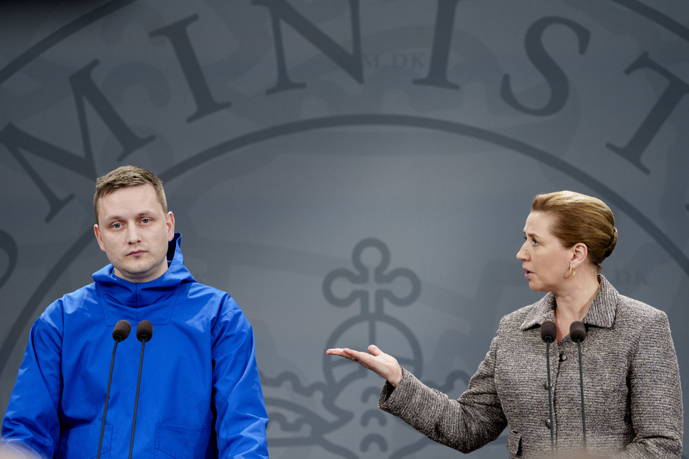 Grönlands regeringschef Jens-Frederik Nielsen och Danmarks statsminister Mette Frederiksen på tisdagens presskonferens. Foto: Liselotte Sabroe/Ritzau Scanpix/TT